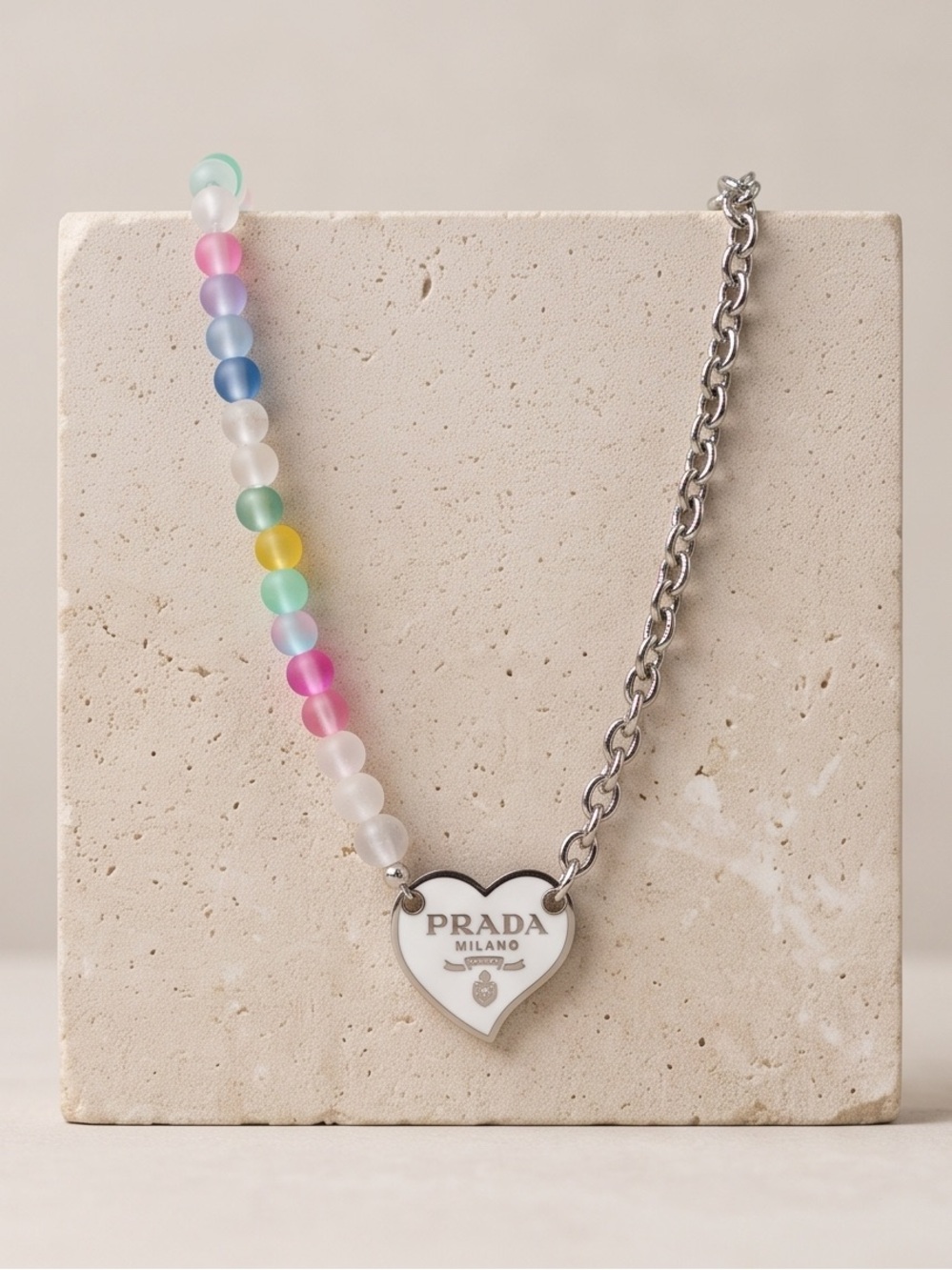 Unbranded Upcycled Pastel Multicolor Bead & Silver Heart Pendant Necklace
